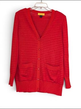 St. John Red Button-Front V-Neck Cardigan Sweater Size M